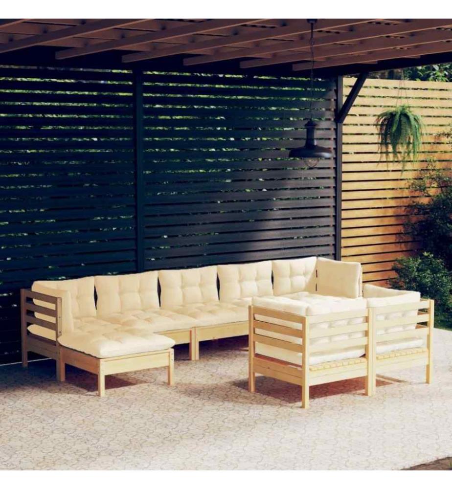 Salon de jardin 9 pcs avec coussins crème Bois de pin solide