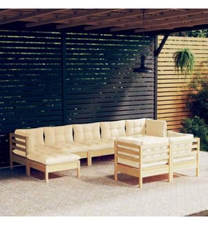 Salon de jardin 9 pcs avec coussins crème Bois de pin solide
