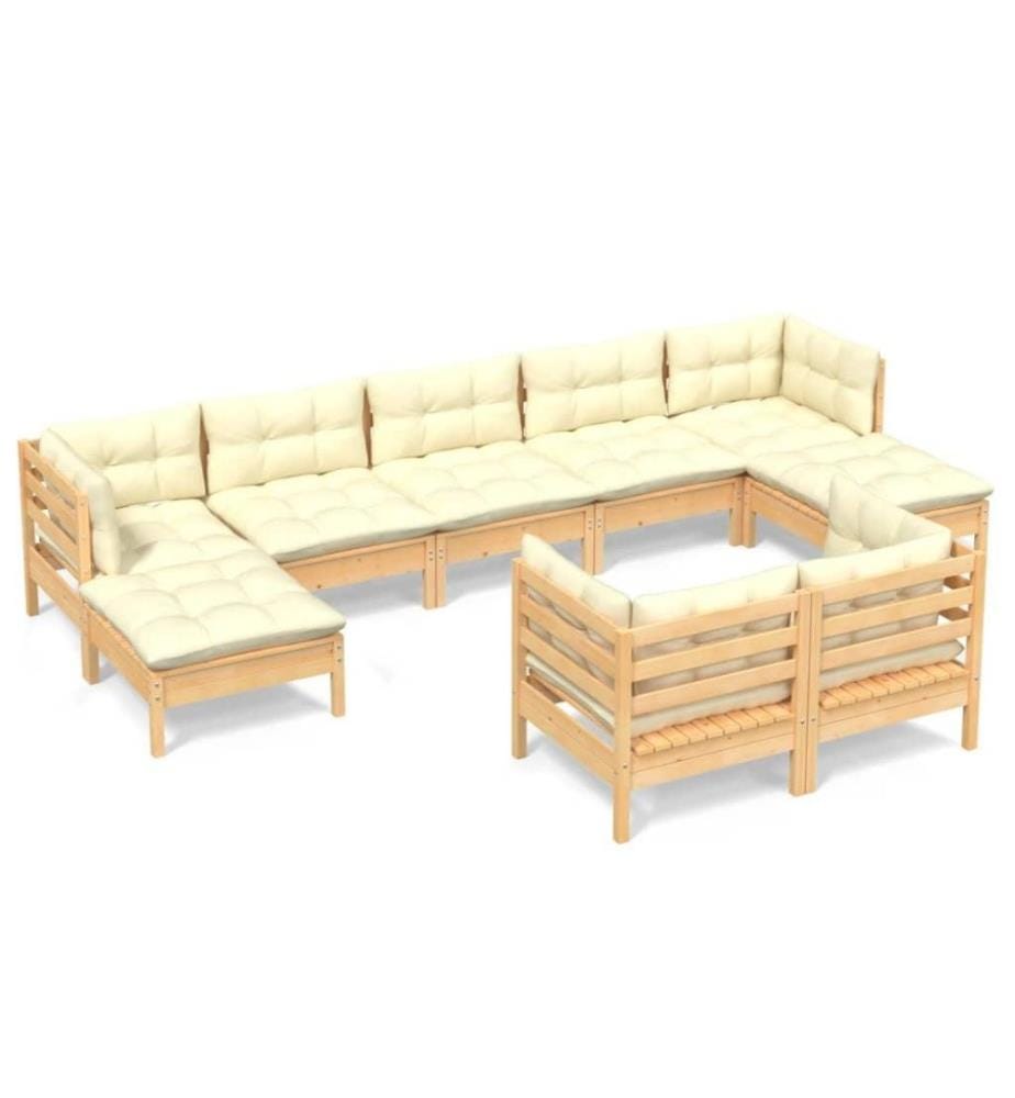 Salon de jardin 9 pcs avec coussins crème Bois de pin solide