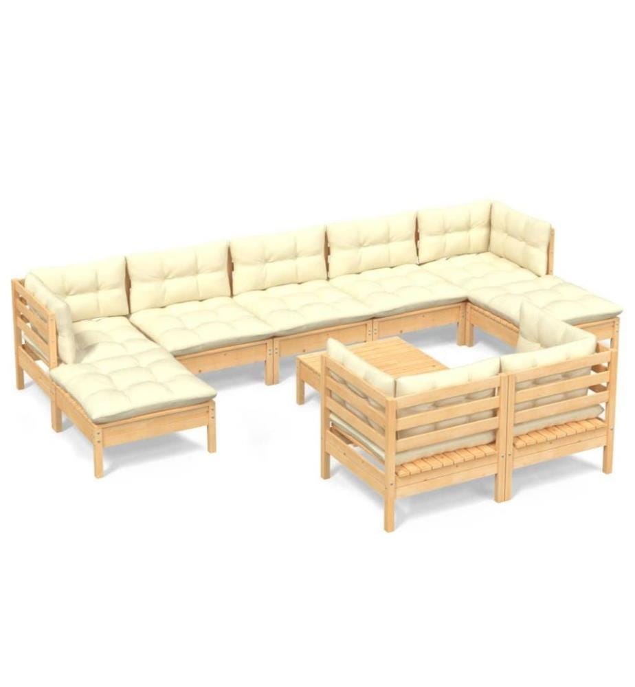Salon de jardin 10 pcs avec coussins crème Bois de pin solide