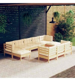 Salon de jardin 10 pcs avec coussins crème Bois de pin solide
