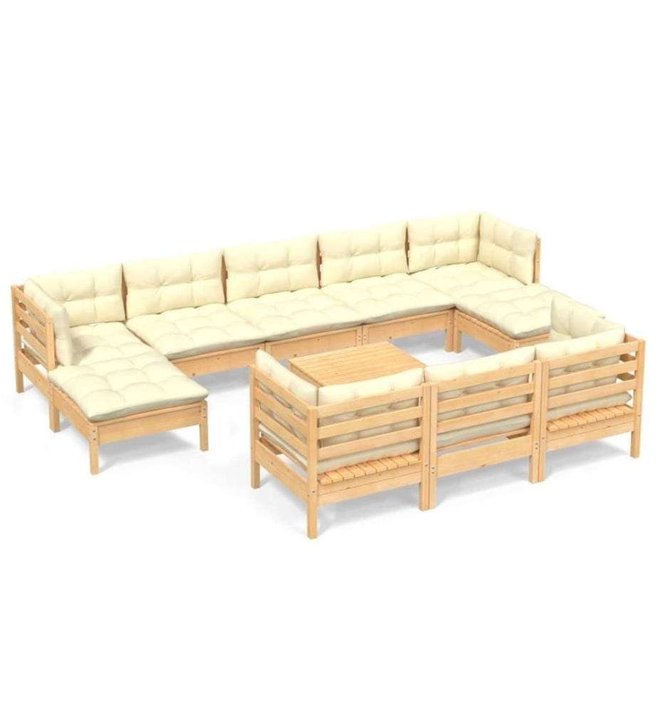 Salon de jardin 11 pcs avec coussins crème bois de pin solide