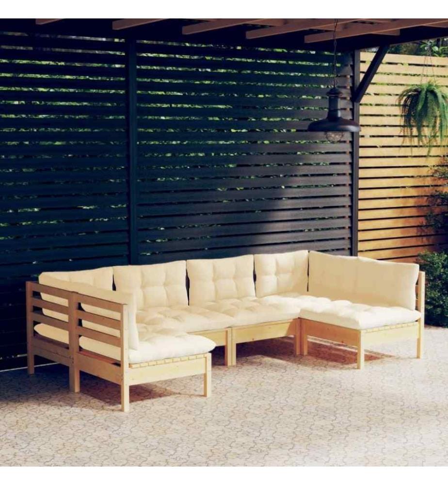 Salon de jardin 6 pcs avec coussins crème Bois de pin massif