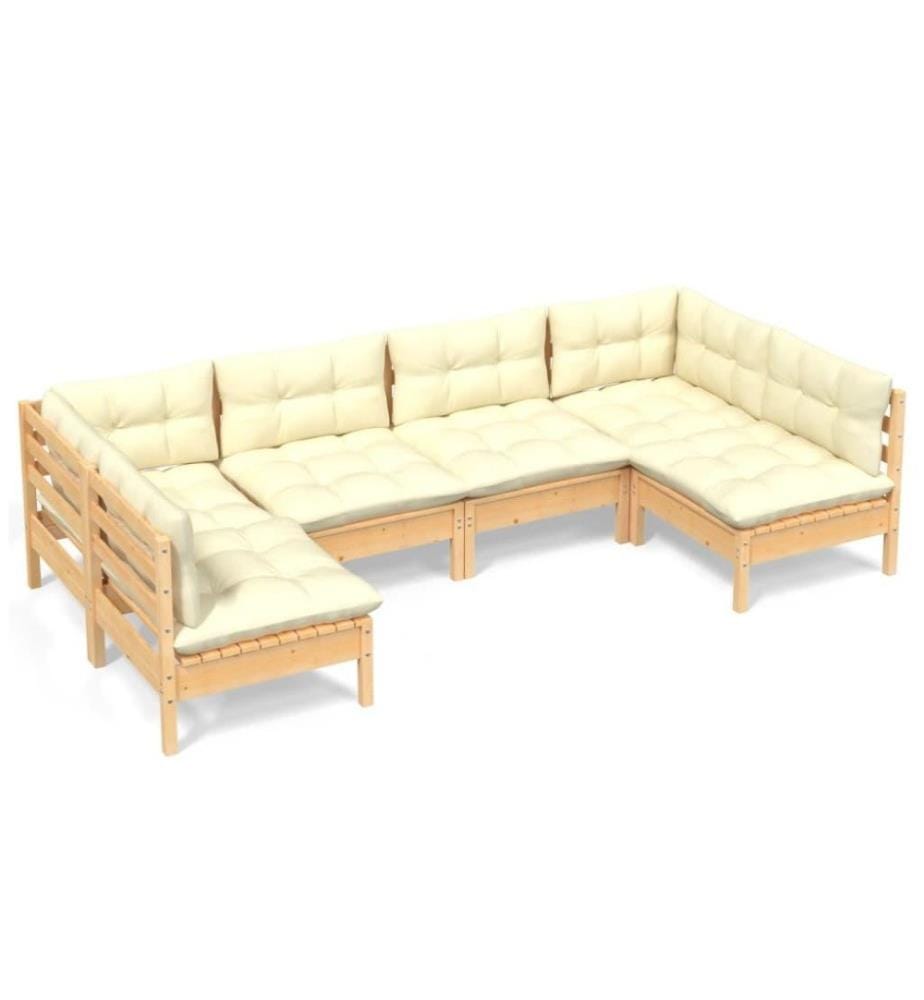 Salon de jardin 6 pcs avec coussins crème Bois de pin massif