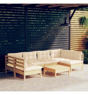 7-tlg. Garten-Lounge-Set mit Creme Kissen Massivholz Kiefer