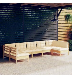 7-tlg. Garten-Lounge-Set mit Creme Kissen Massivholz Kiefer
