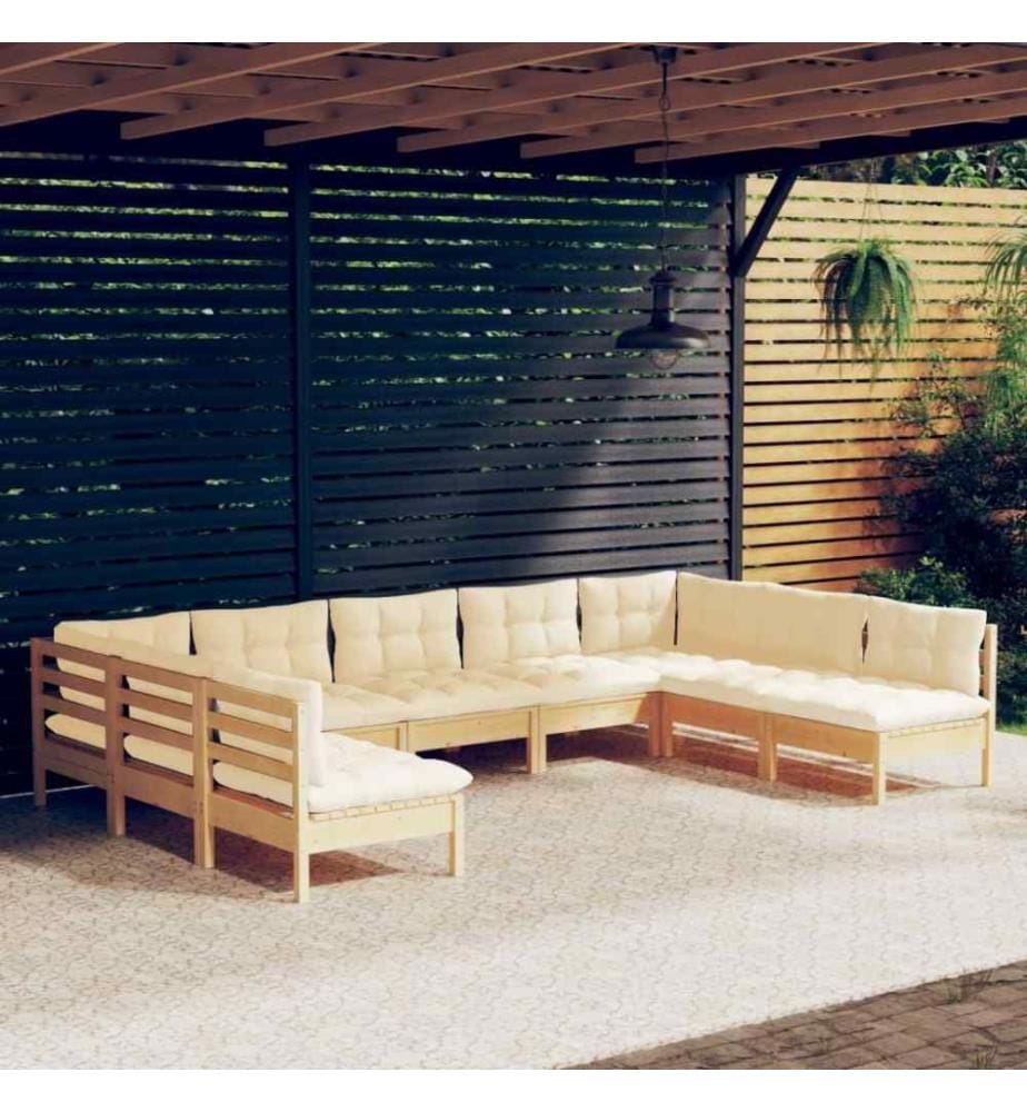 Salon de jardin 9 pcs avec coussins crème Bois de pin solide