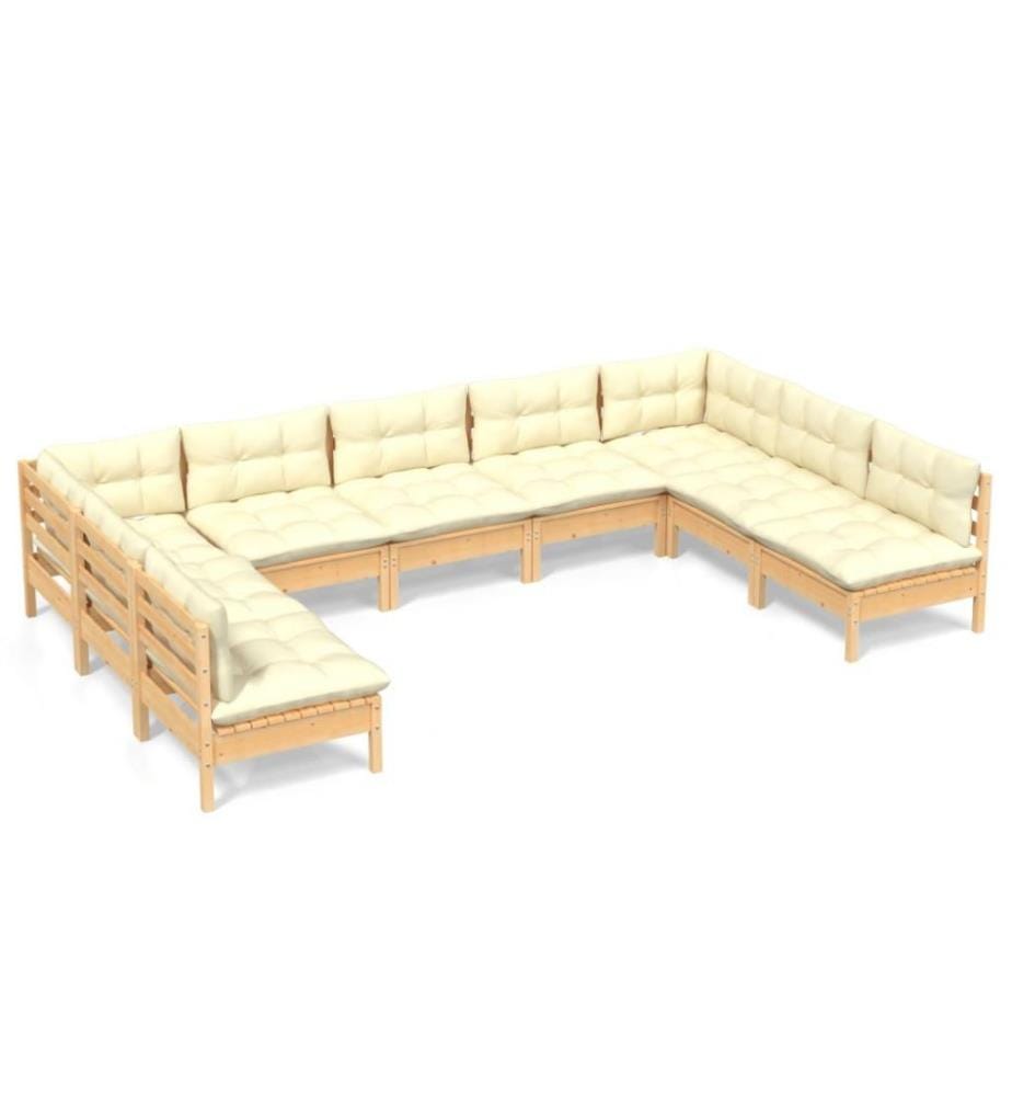 Salon de jardin 9 pcs avec coussins crème Bois de pin solide