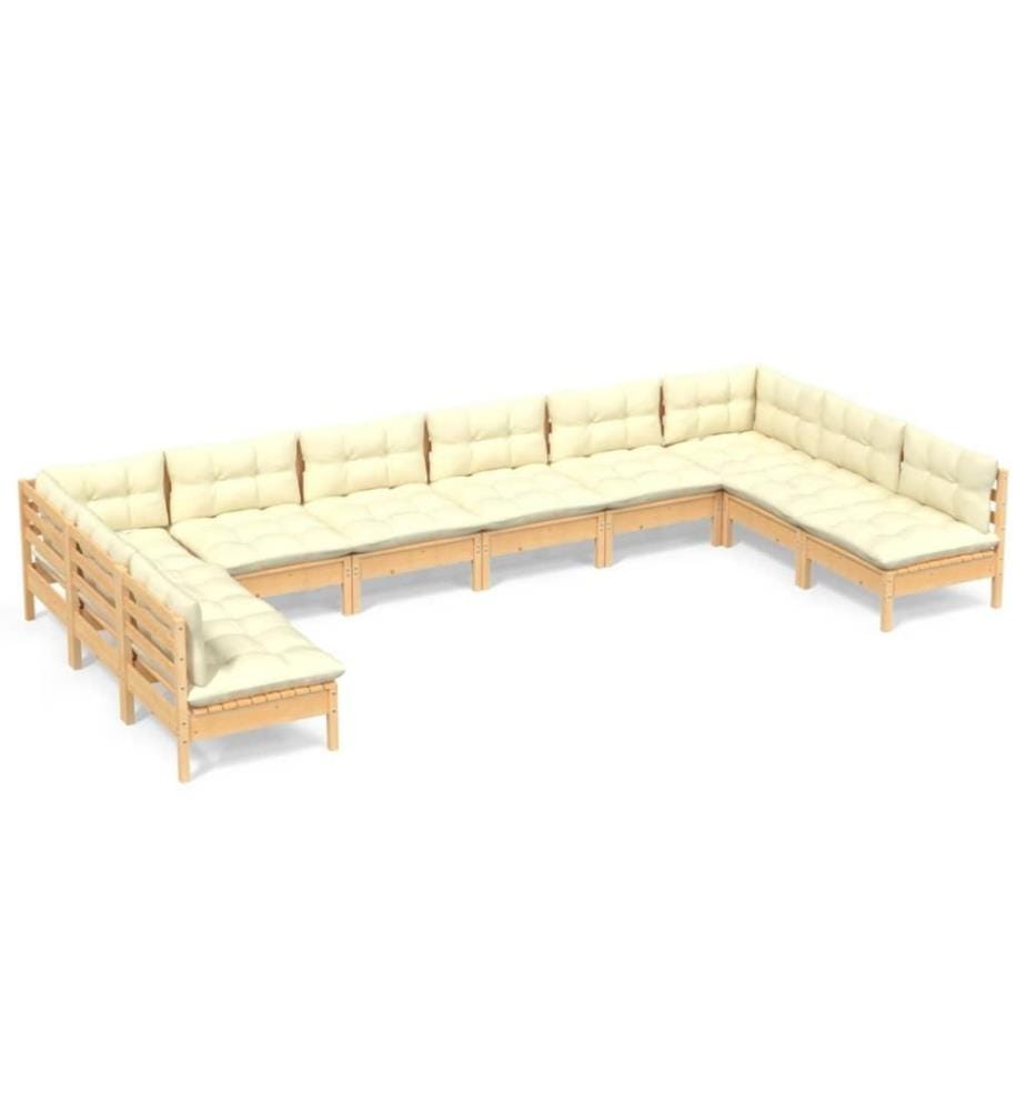 Salon de jardin 10 pcs avec coussins crème Bois de pin massif