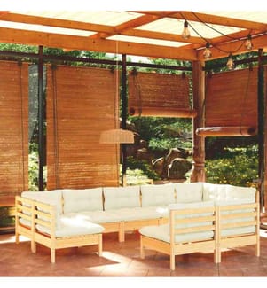 Salon de jardin 9 pcs avec coussins crème Bois de pin solide