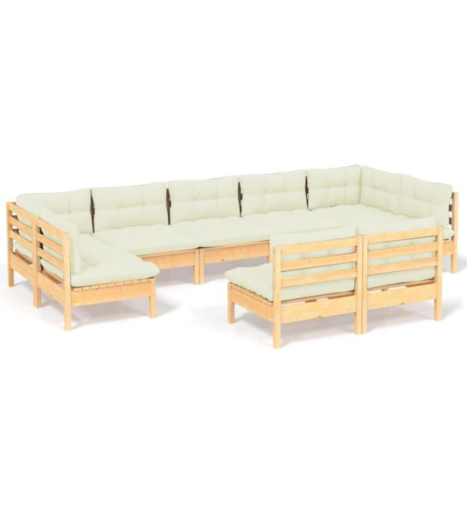 Salon de jardin 9 pcs avec coussins crème Bois de pin solide