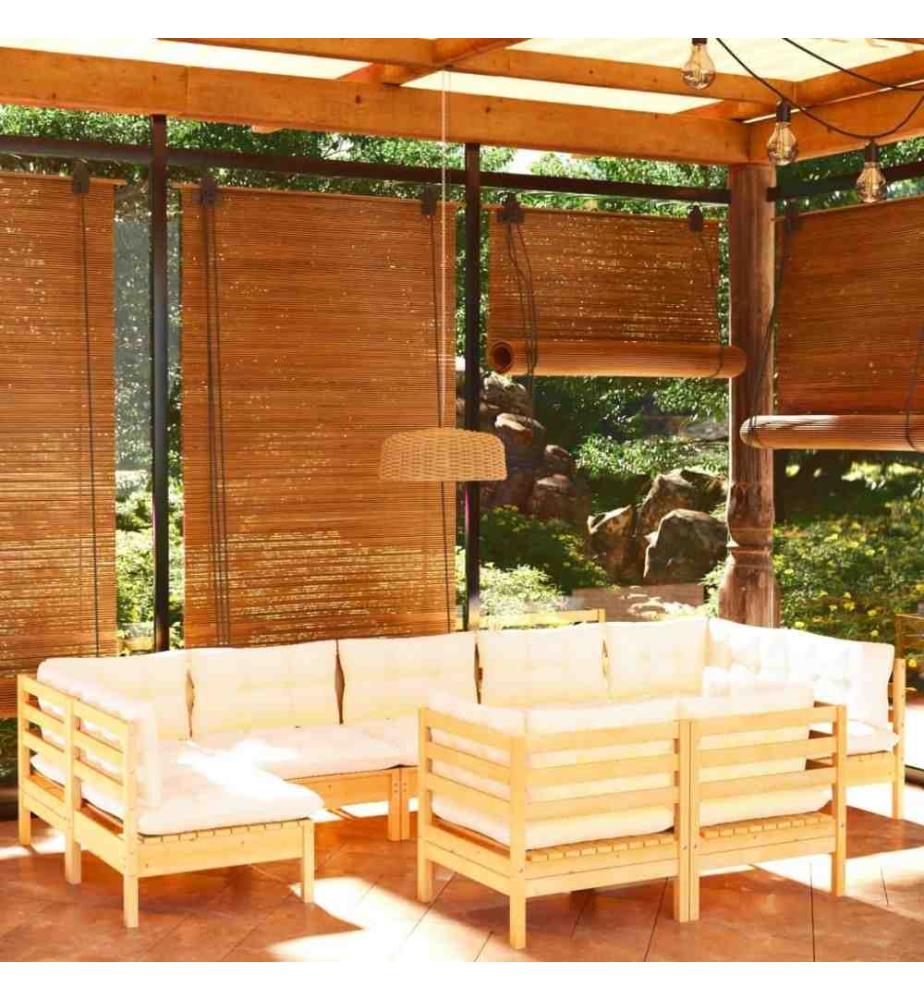 Salon de jardin 9 pcs avec coussins crème Bois de pin solide