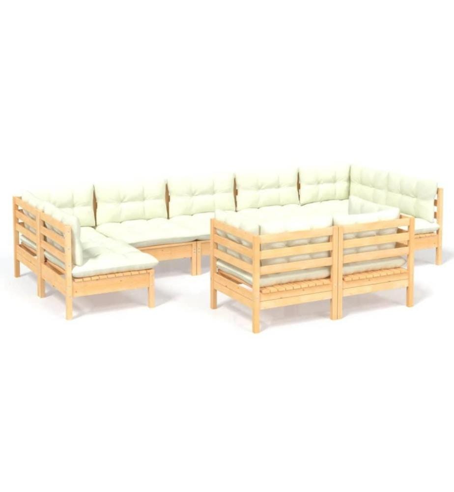 Salon de jardin 9 pcs avec coussins crème Bois de pin solide