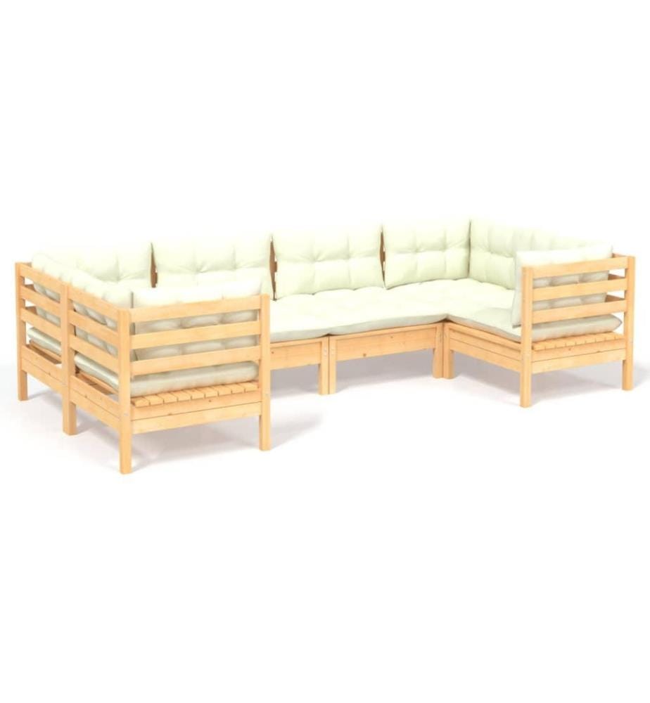 Salon de jardin 6 pcs avec coussins crème Bois de pin