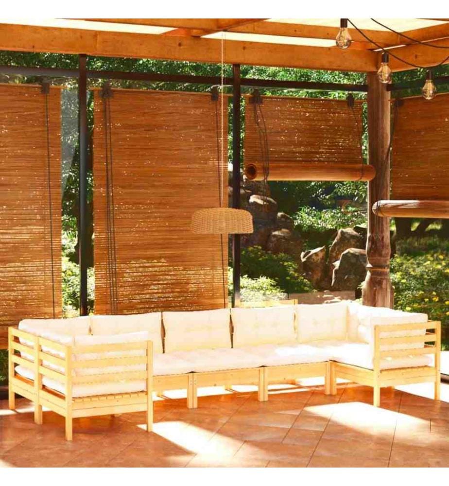 Salon de jardin 7 pcs avec coussins crème Bois de pin