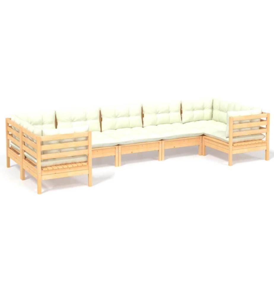 Salon de jardin 7 pcs avec coussins crème Bois de pin