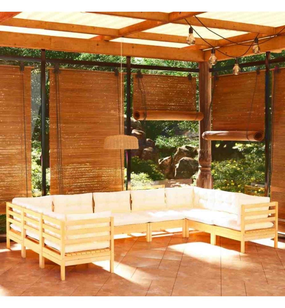 Salon de jardin 9 pcs avec coussins crème Bois de pin