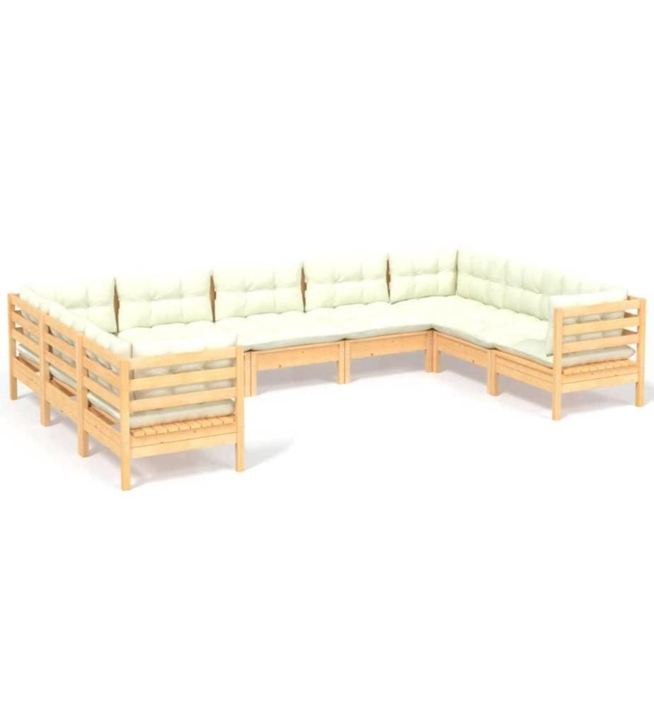 Salon de jardin 9 pcs avec coussins crème Bois de pin