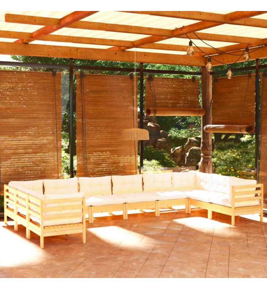 Salon de jardin 10 pcs avec coussins crème Bois de pin
