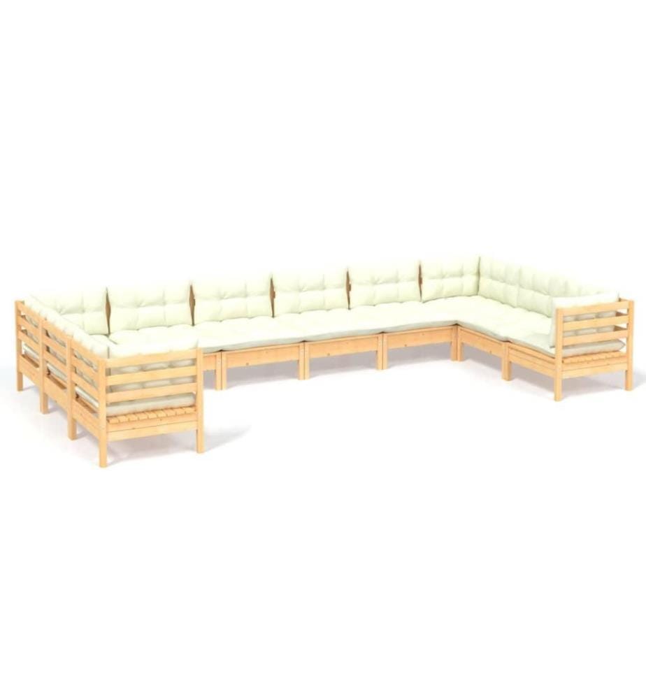 Salon de jardin 10 pcs avec coussins crème Bois de pin