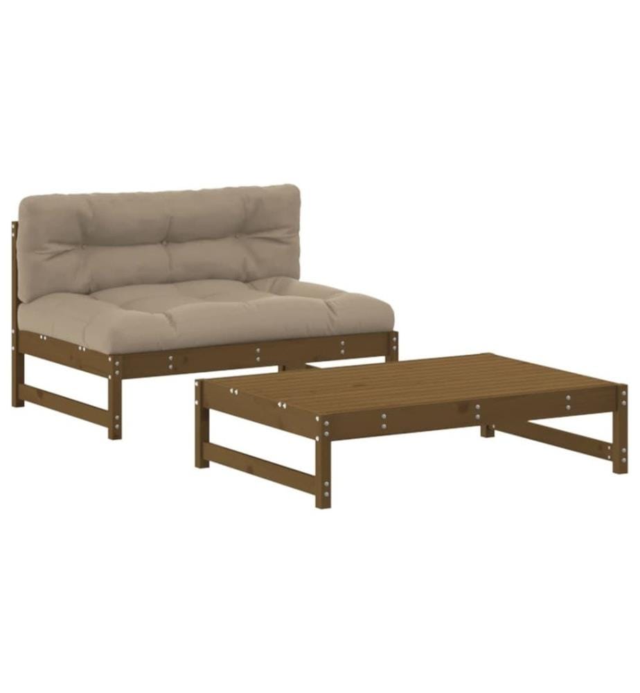 Salon de jardin 2 pcs avec coussins marron miel bois massif