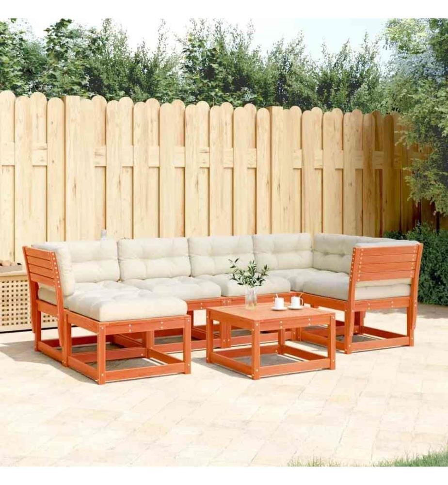 Salon de jardin 6 pcs avec coussins cire marron bois pin massif