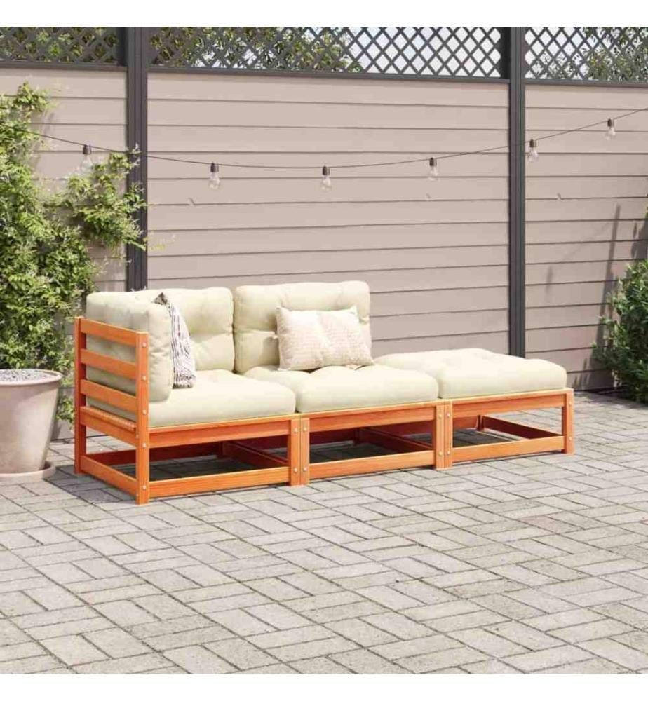 3-tlg. Garten-Sofagarnitur mit Kissen Wachsbraun Kiefernholz