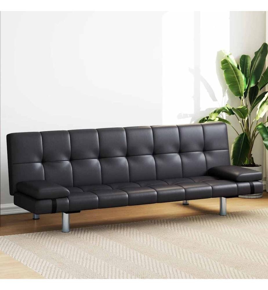 Schlafsofa mit 2 Kissen Kunstleder Ausziehbar Schwarz