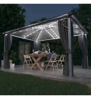 Pavillon mit Vorhängen & LED-Lichterkette 4x3 m Anthrazit Alu