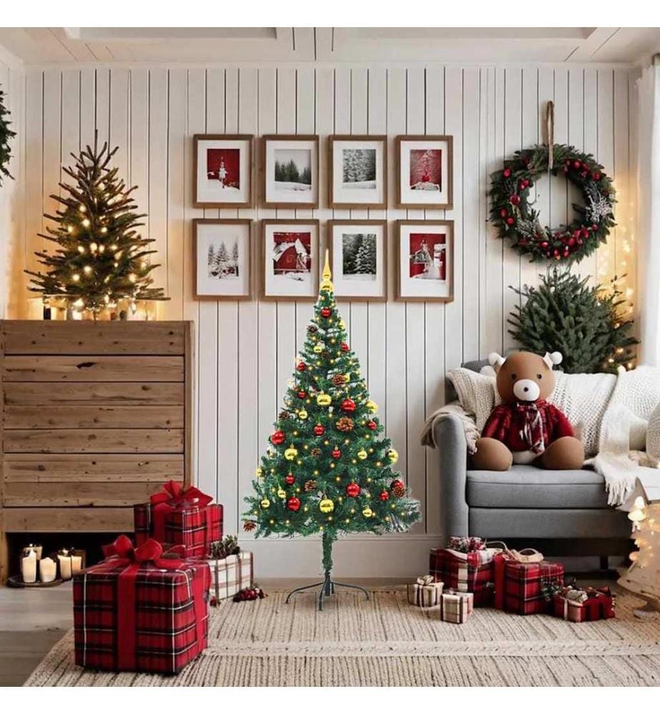 Künstlicher Weihnachtsbaum mit Beleuchtung & Kugeln Grün 150 cm