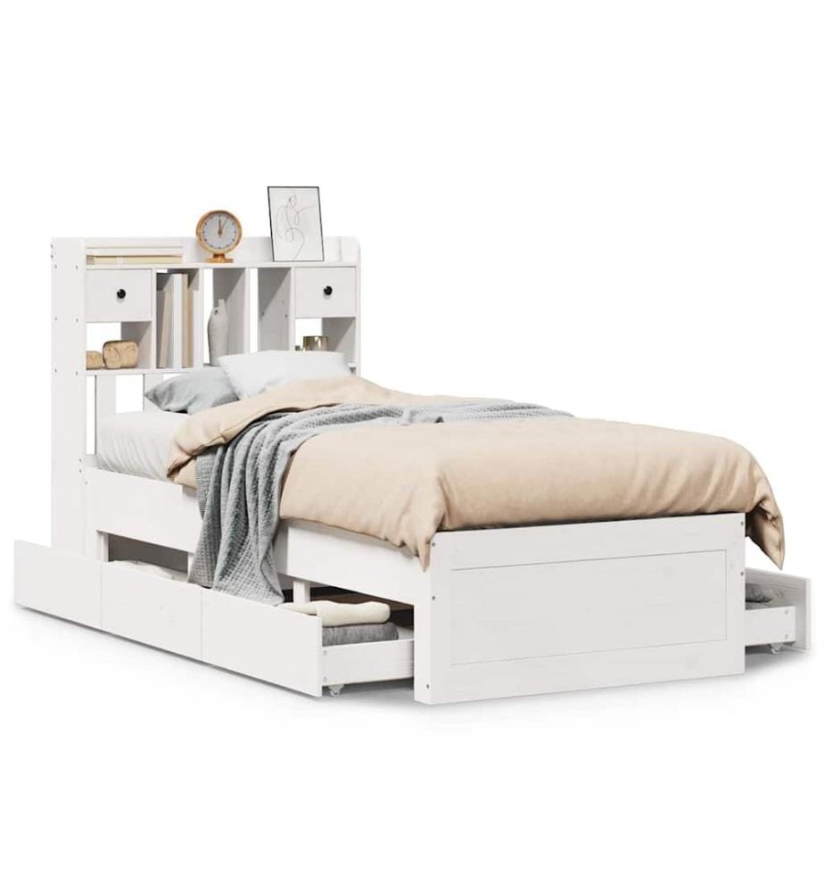 Lit bibliothèque sans matelas blanc 90x200cm bois de pin massif