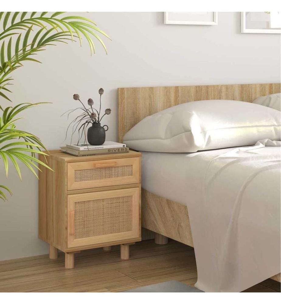 Nachttische 2 Stk. Braun Massivholz Kiefer und Natur-Rattan