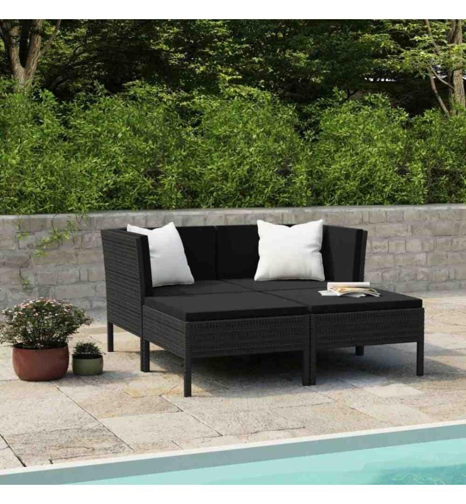 4-tlg. Garten-Lounge-Set mit Auflagen Poly Rattan Schwarz