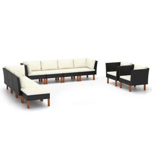 10-tlg. Garten-Lounge-Set Poly Rattan Eukalyptusholz Schwarz