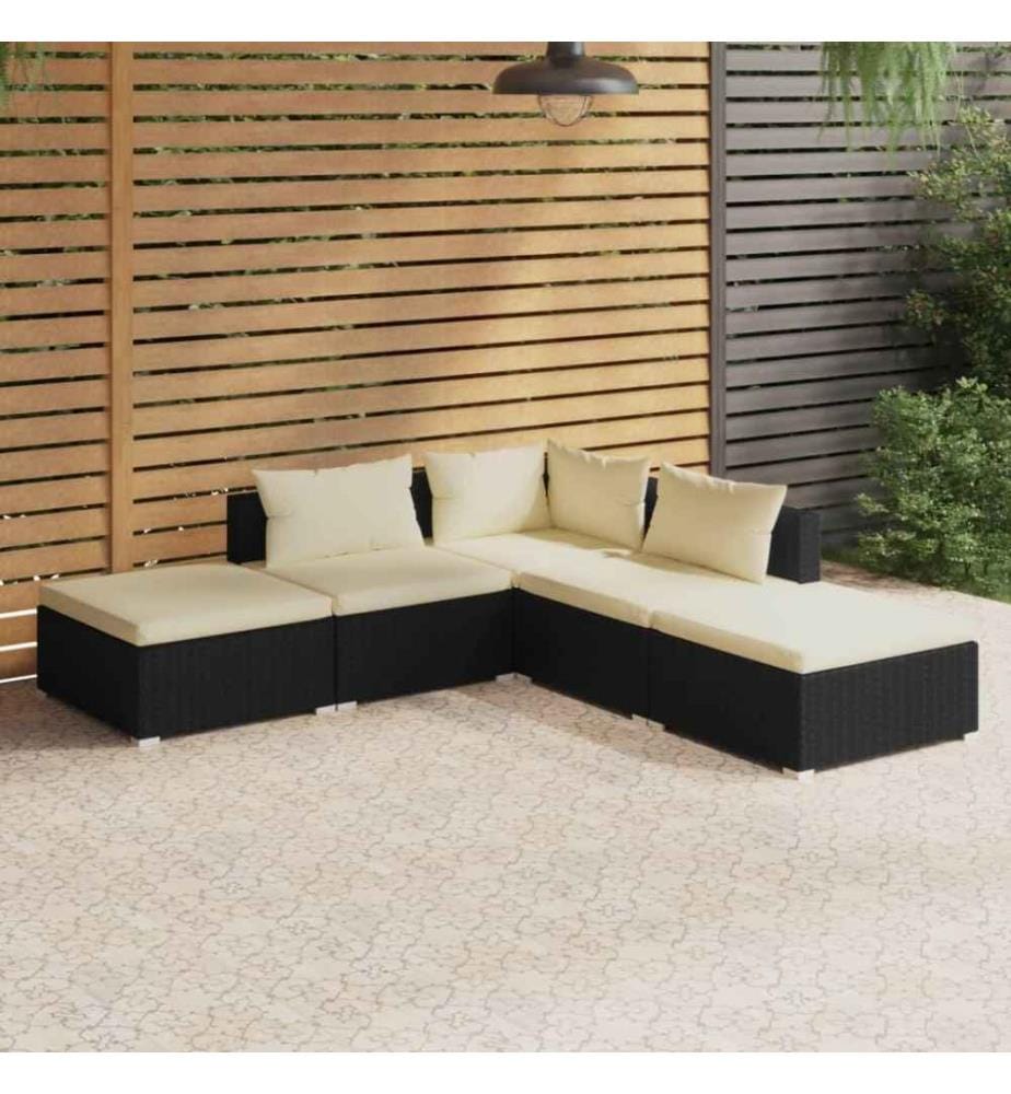 5-tlg. Garten-Lounge-Set mit Kissen Poly Rattan Schwarz