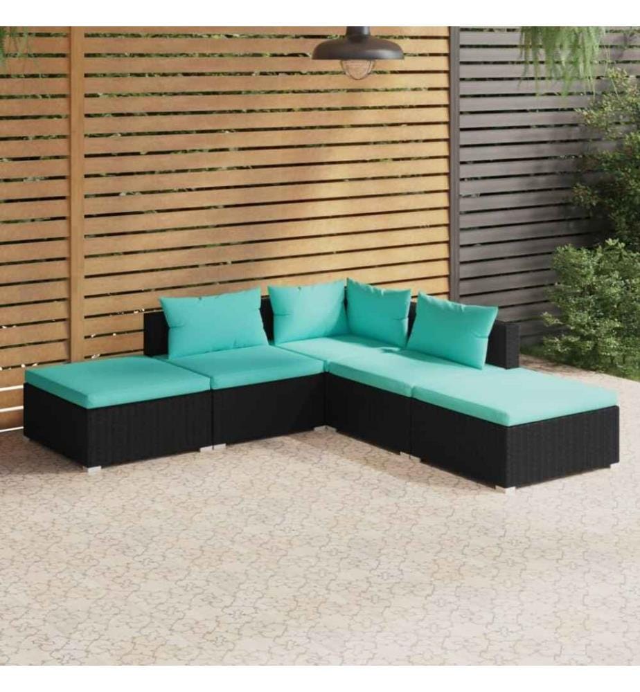 5-tlg. Garten-Lounge-Set mit Kissen Poly Rattan Schwarz
