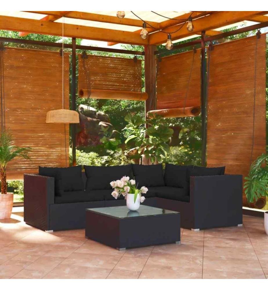 5-tlg. Garten-Lounge-Set mit Kissen Poly Rattan Schwarz