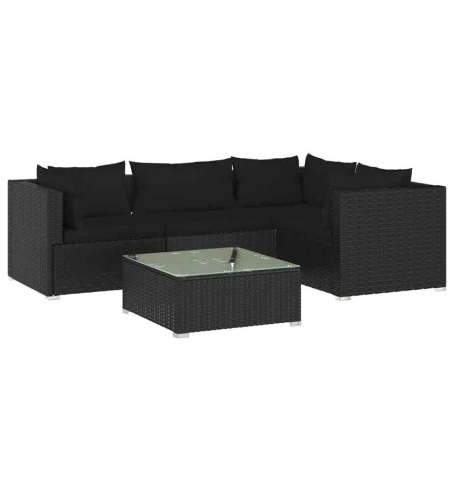 5-tlg. Garten-Lounge-Set mit Kissen Poly Rattan Schwarz