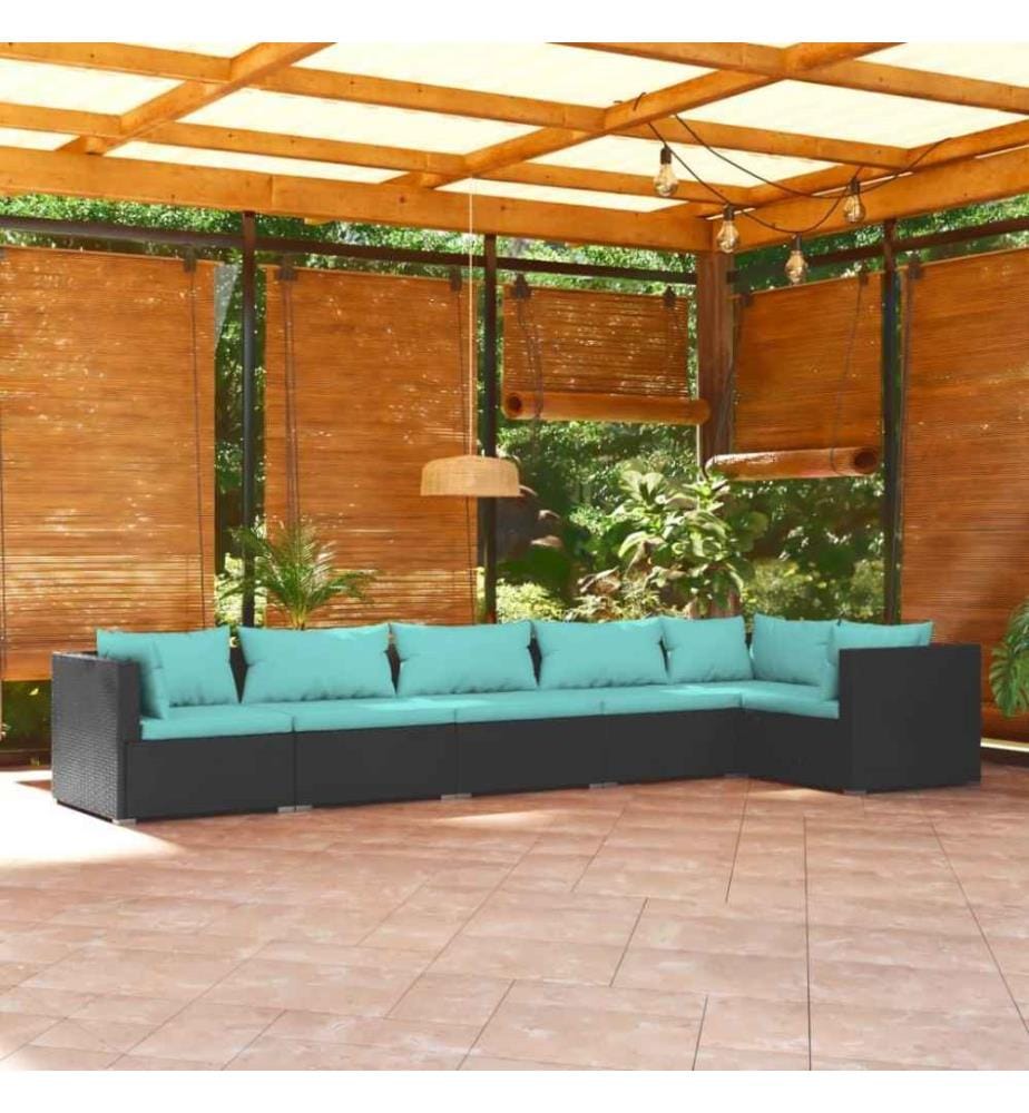 6-tlg. Garten-Lounge-Set mit Kissen Poly Rattan Schwarz