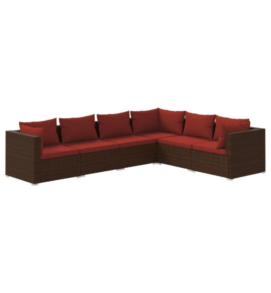 Salon de jardin 6 pcs avec coussins Résine tressée Marron