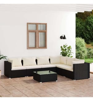 7-tlg. Garten-Lounge-Set mit Kissen Poly Rattan Schwarz
