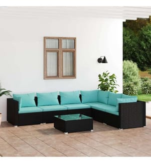 7-tlg. Garten-Lounge-Set mit Kissen Poly Rattan Schwarz