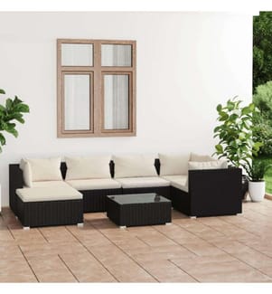7-tlg. Garten-Lounge-Set mit Kissen Poly Rattan Schwarz