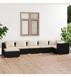 7-tlg. Garten-Lounge-Set mit Kissen Poly Rattan Schwarz