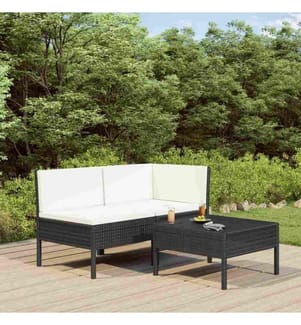 3-tlg. Garten-Lounge-Set mit Auflagen Poly Rattan Schwarz