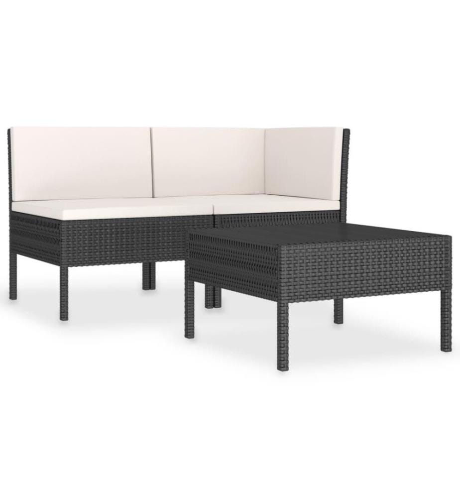 3-tlg. Garten-Lounge-Set mit Auflagen Poly Rattan Schwarz