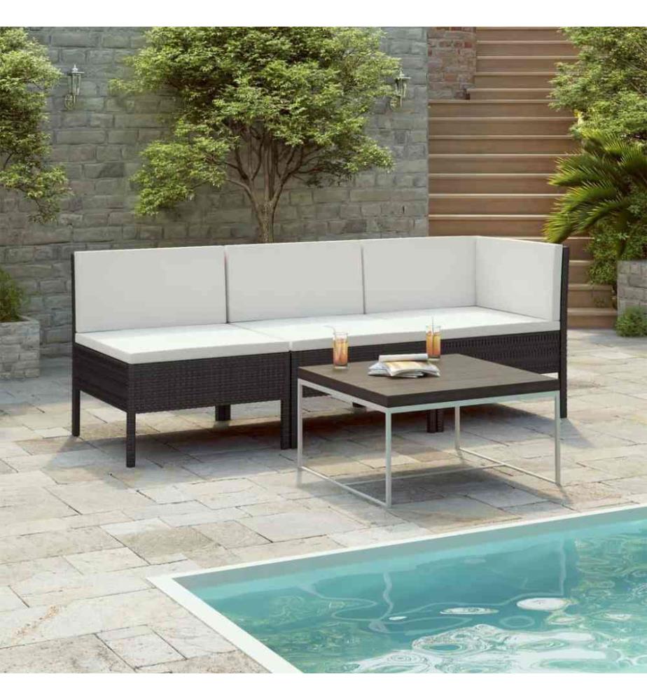 3-tlg. Garten-Lounge-Set mit Auflagen Poly Rattan Schwarz