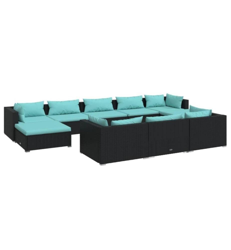 10-tlg. Garten-Lounge-Set mit Kissen Schwarz Poly Rattan