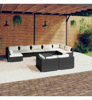 10-tlg. Garten-Lounge-Set mit Kissen Schwarz Poly Rattan