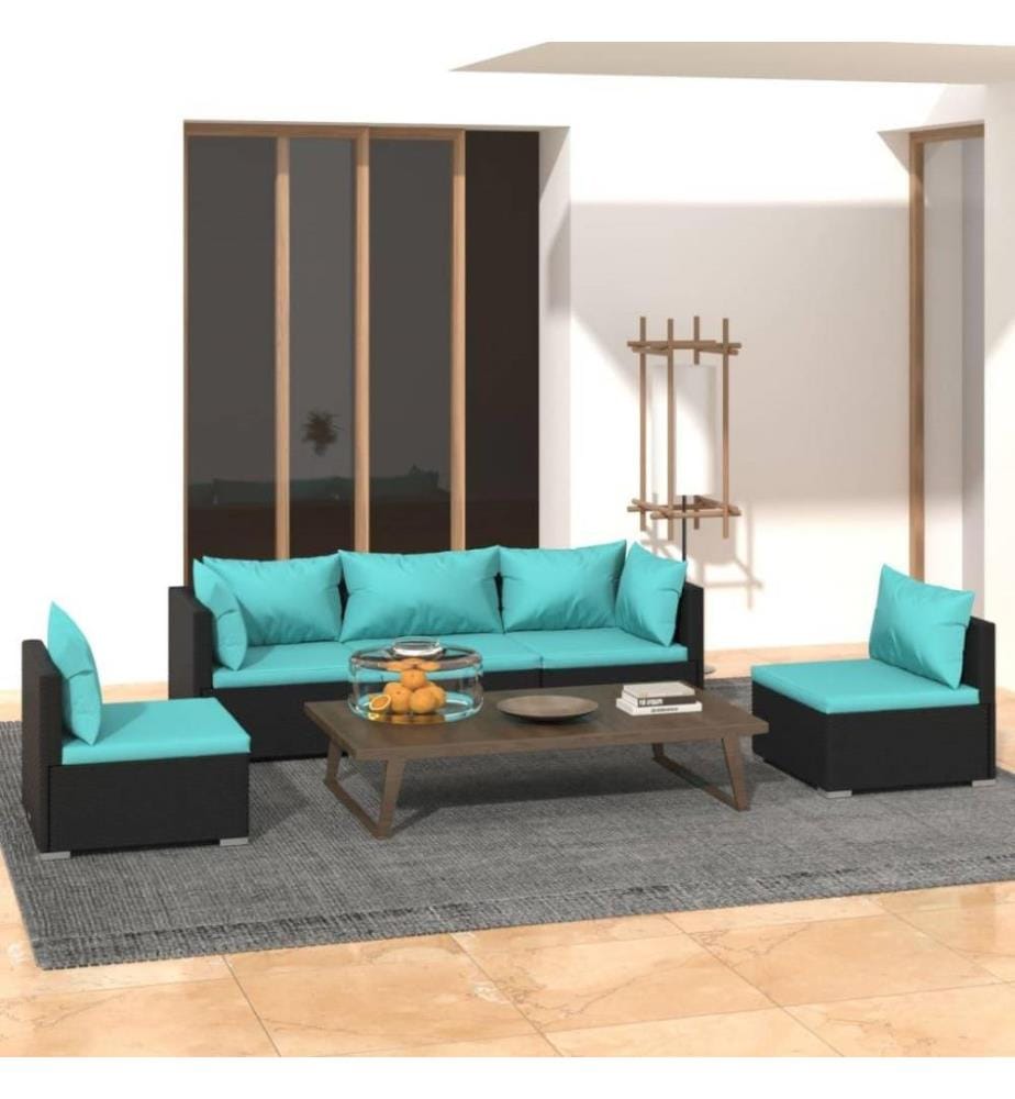 5-tlg. Garten-Lounge-Set mit Kissen Poly Rattan Schwarz
